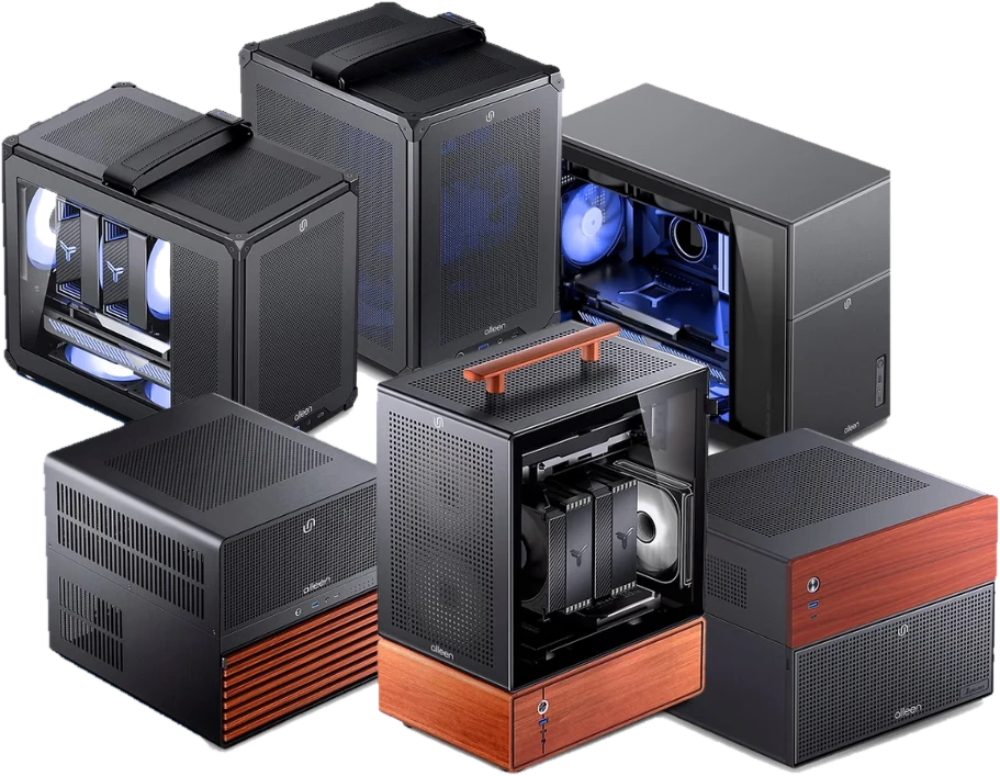 Gabinetes Alleen compactos, com malha perfurada e detalhes em madeira